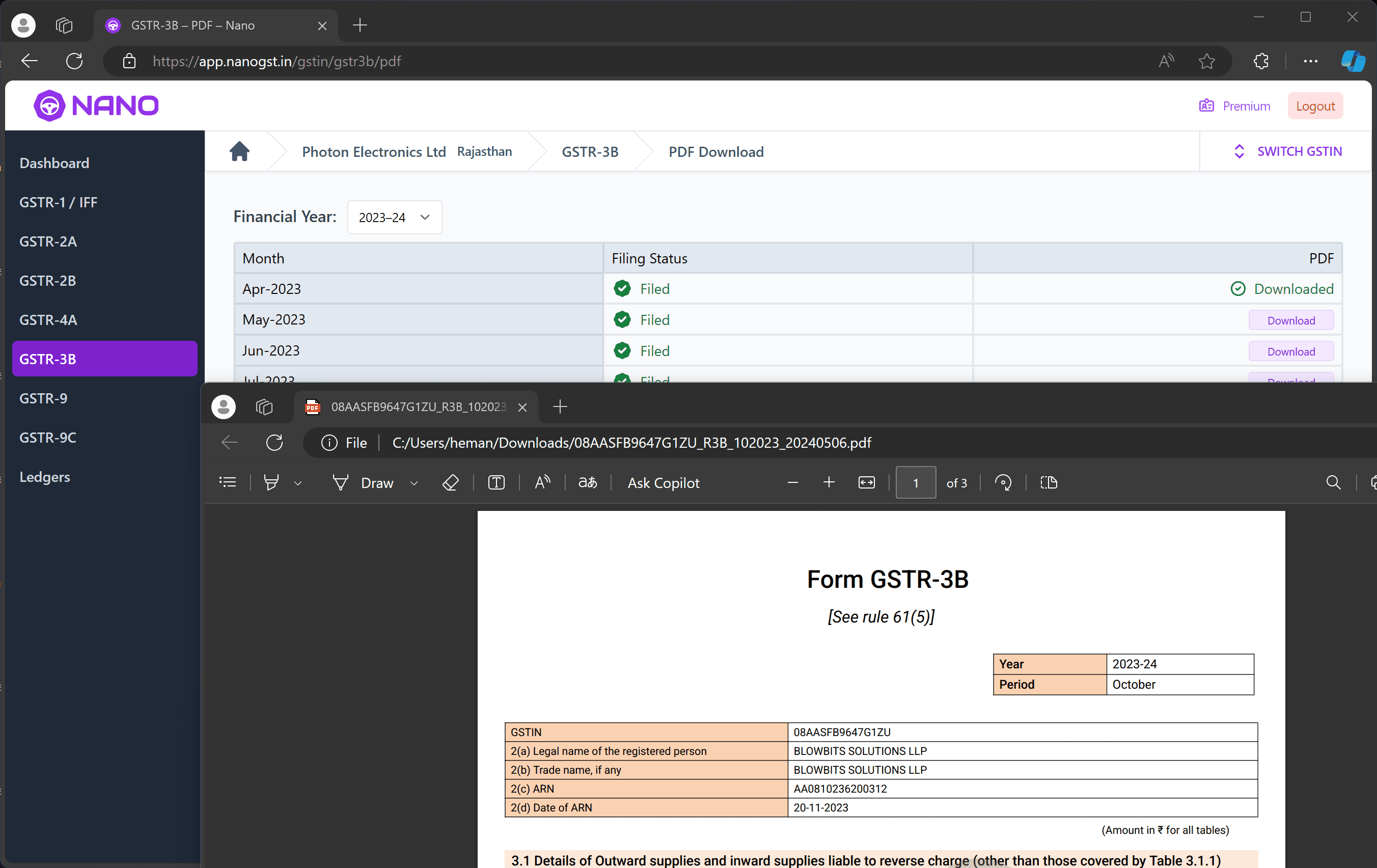 Download GSTR-1 and GSTR-3B summary in PDF format